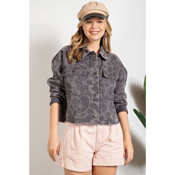 easel Jackets & Coats Easel Grey All Over Printed Washed Raw Edge